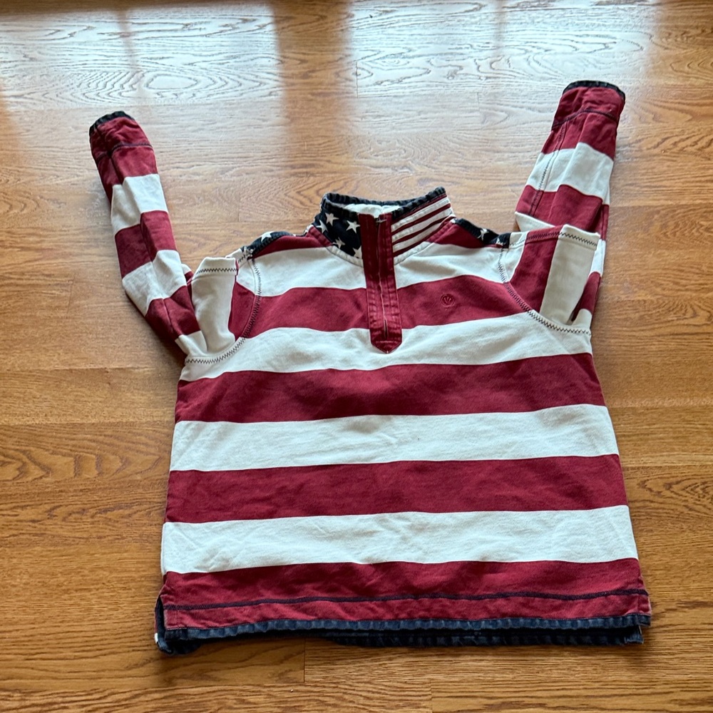 Fat Face Red and White Striped Half-Zip Sweatshirt with Navy Star Trim